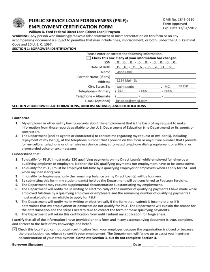 Fedloan PSLF Employment Certification Form 2024