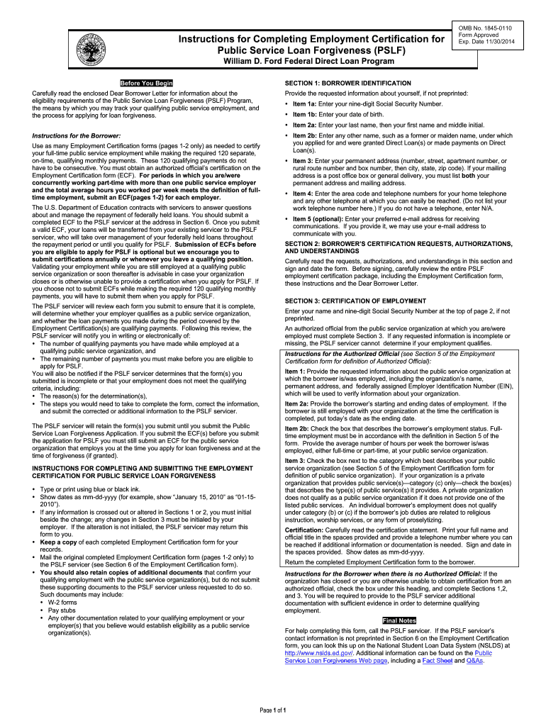 Public Service Loan Forgiveness Form Omb No 1845-0110
